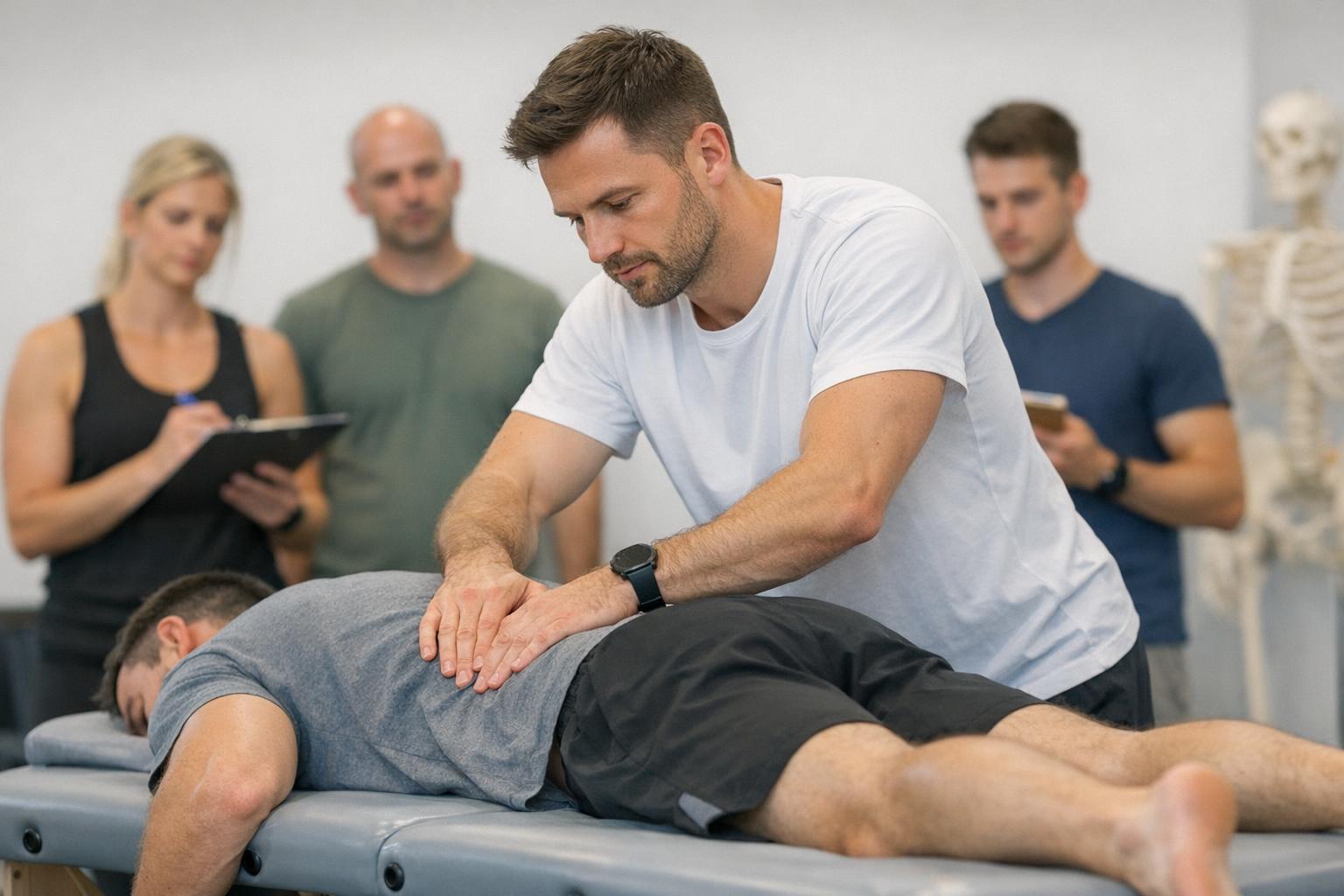 Zdjęcie: fizjoterapeuta uczący się podczas kursu praktycznego