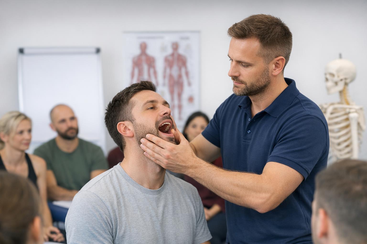 Fizjoterapeuta przeprowadzający ocenę ruchomości żuchwy podczas szkolenia