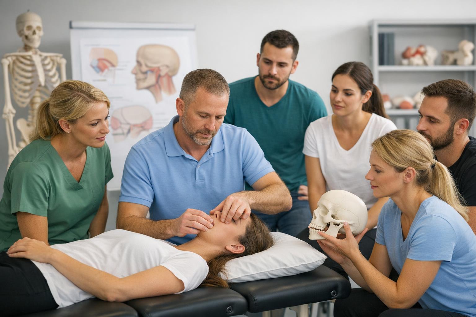 Grupa fizjoterapeutów podczas praktycznych zajęć z technik pracy stawów skroniowo-żuchwowych