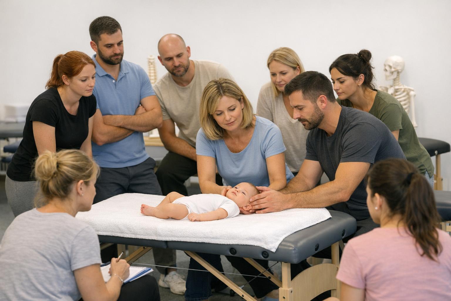 zdjęcie: grupa uczestników kursu podczas warsztatów praktycznych z osteopatii pediatrycznej