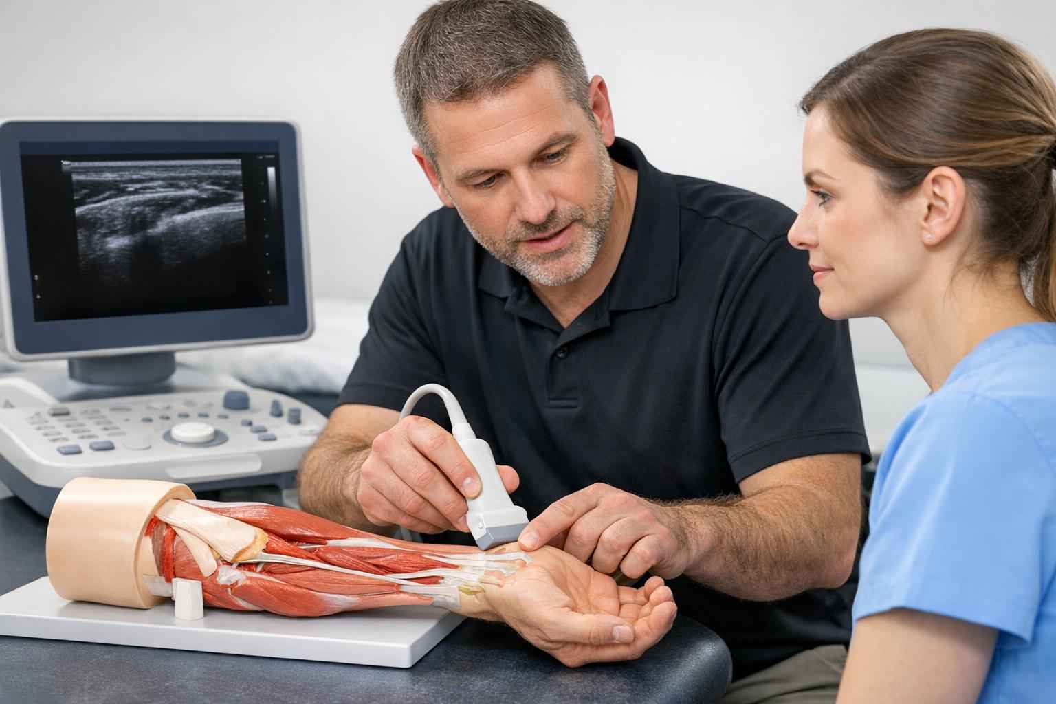 Zdjęcie: instruktor pokazuje technikę skanowania ścięgna na modelu anatomicznym