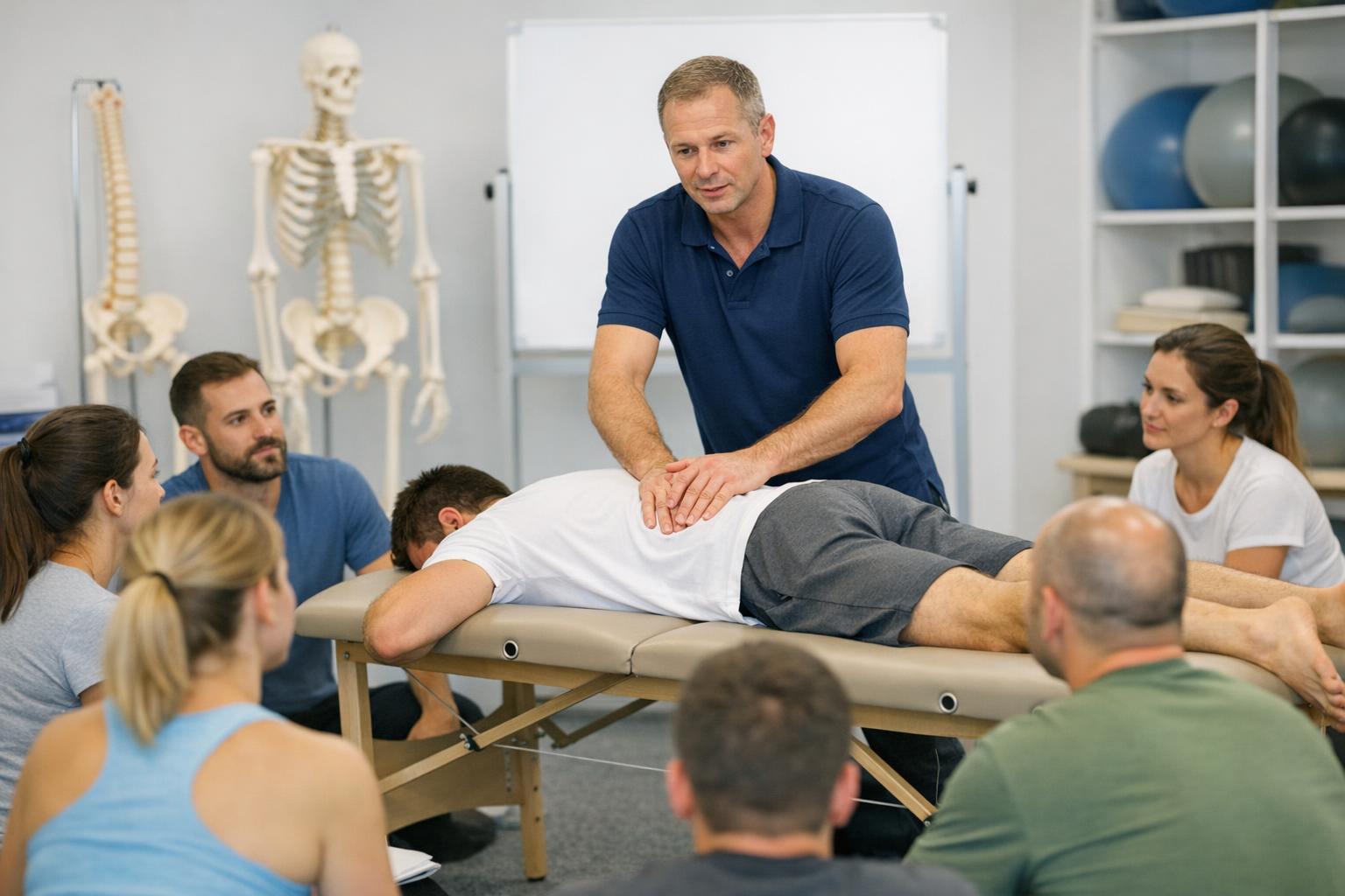 Fizjoterapeuta prowadzący szkolenie praktyczne z terapii manualnej
